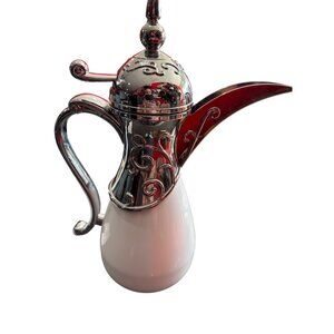 Dallah White Silver Ornate Metal Ceramic Coffee Pot SKU 7957